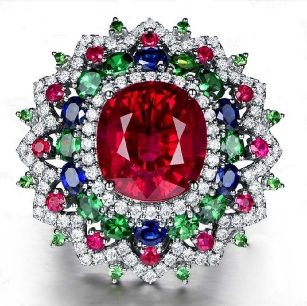 Brilliant Ruby, Emerald & Sapphire Luxury Ring